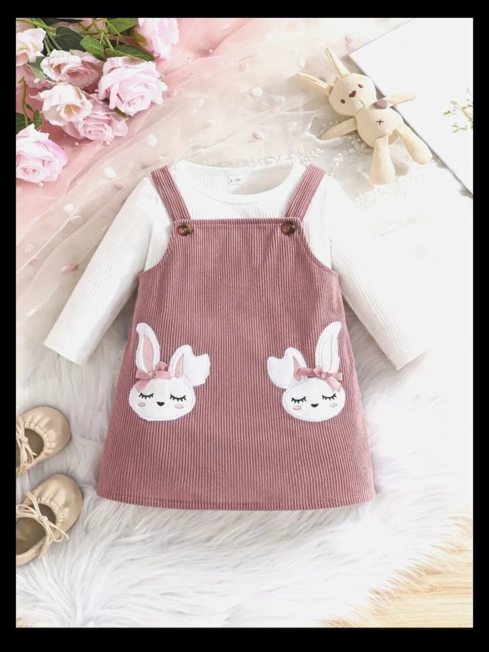 New Girs L Sleeve White Tee and Pink Striped Pinafore Dress Set w/Bunny Sz 9-12M